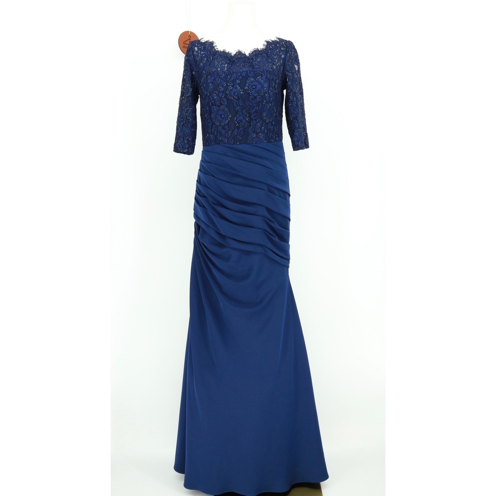 La Femme Gathered Mermaid Satin Gown Lace Top Lace Ruched Size 6 Mother of Bride